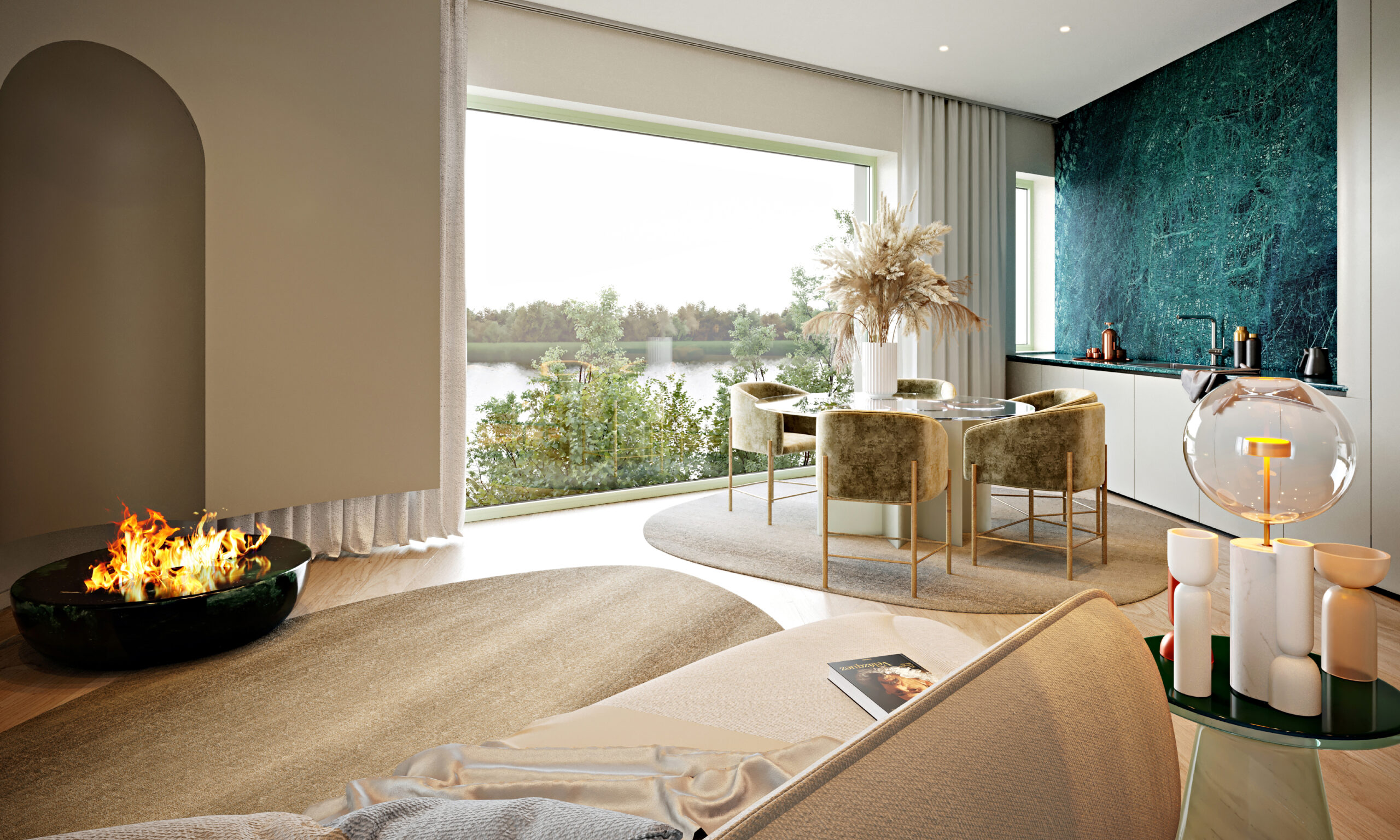 Living luminos cu ieșire pe terasă în apartament 303 by Rădăcini